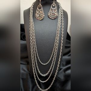 #46. Crown Trifari Silver Multi-Layer Necklace With Vintage Earring